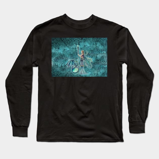Aquamarine Dragon Fairy Art by Molly Harrison Long Sleeve T-Shirt by robmolily
